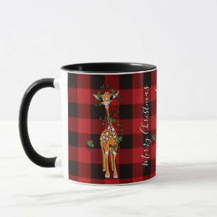 Cute Giraffe holly garland red black plaid  Mug