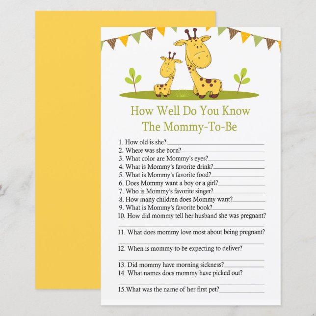 Cute giraffe How well do you know baby shower game (Front/Back)