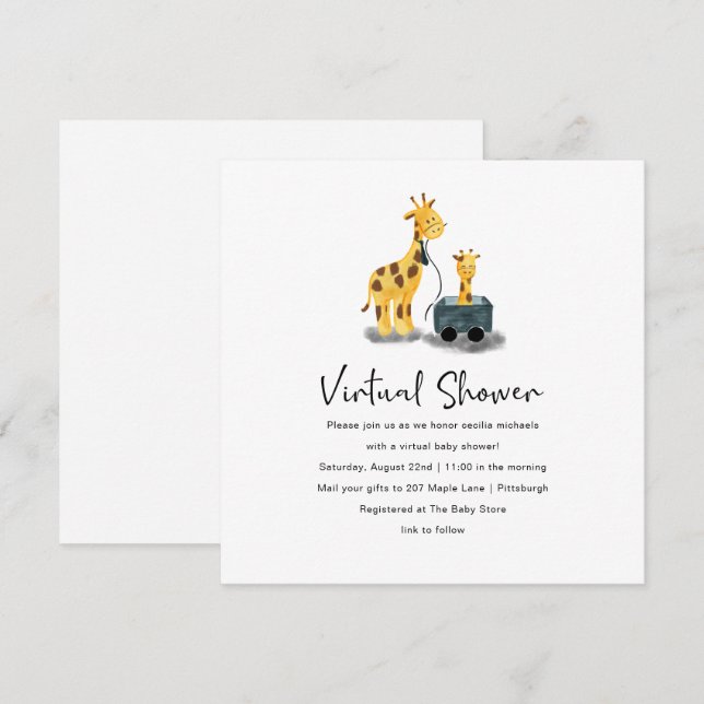 Cute Giraffe Illustration Virtual Baby Shower Invitation (Front/Back)