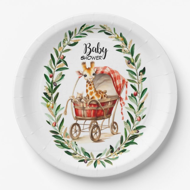 Cute Giraffe in Carriage Winter Baby Shower Paper Plate (Front)