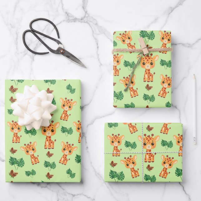 Cute Giraffe in green colour Wrapping Paper Sheet (Front)