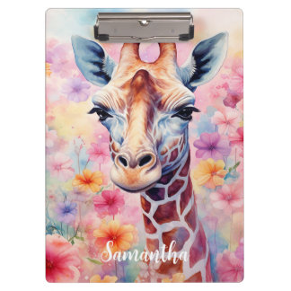 Cute Giraffe in Pink Flowers  Clipboard