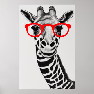 Cute Giraffe in Red Glasses Drawing Illustration Poster