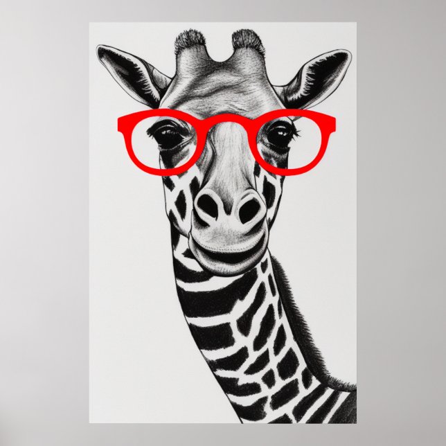 Cute Giraffe in Red Glasses Drawing Illustration Poster (Front)