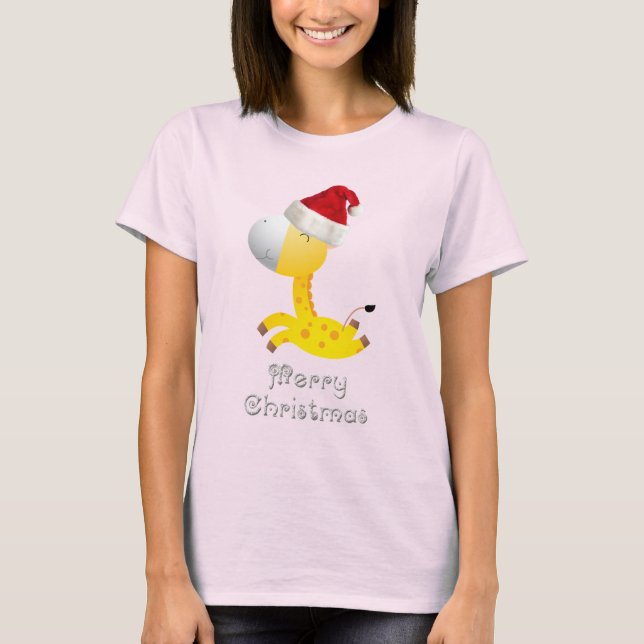 Cute Giraffe in Santa Hat T-Shirt (Front)