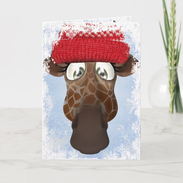 Cute Giraffe in Winter Hat Christmas Card (Front)