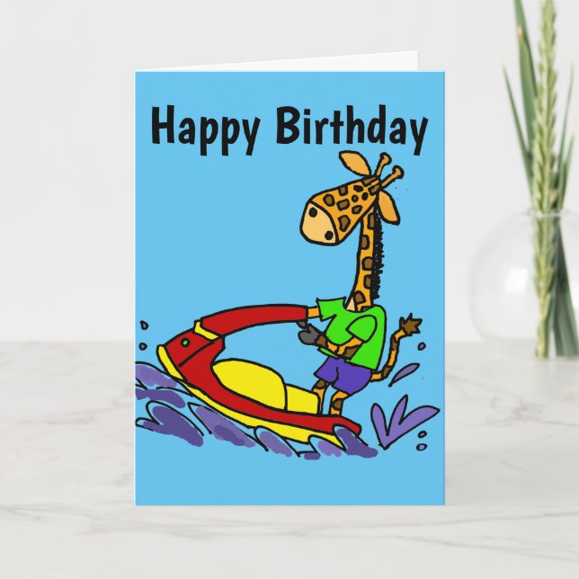 Cute Giraffe Jet Skiing Cartoon Card (Front)