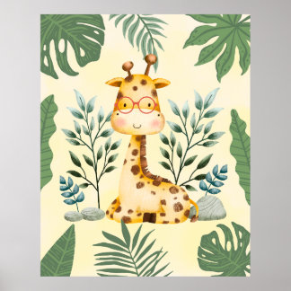 Cute Giraffe Jungle Glasses Nursery Decor Poster