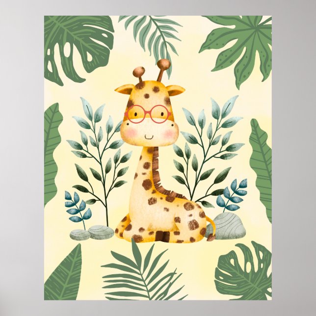Cute Giraffe Jungle Glasses Nursery Decor Poster (Front)