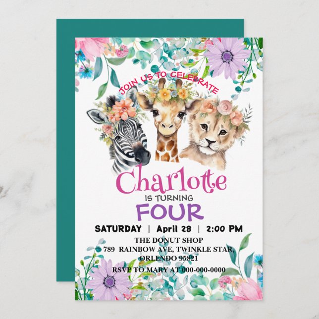 Cute giraffe Lion jungle Animals Birthday Floral Invitation (Front/Back)