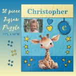 Cute giraffe photo name blue yellow kids jigsaw puzzle<br><div class="desc">30 piece jigsaw puzzle for kids.
Featuring a cute giraffe,  with stars and love hearts.
Add a name,  initial and a photo.
Colour scheme: blue and yellow
Children's gift idea.</div>