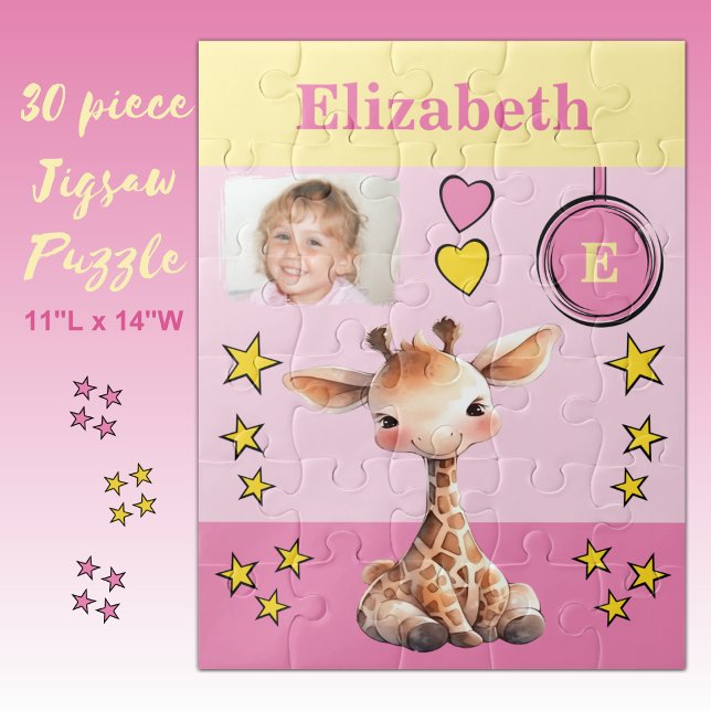 Cute giraffe photo name pink yellow kids jigsaw puzzle (Creator Uploaded)