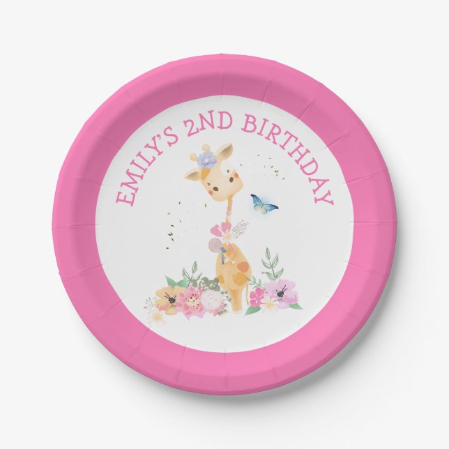 Cute Giraffe Pink Florals Girls 2nd Birthday Party Paper Plate (Front)