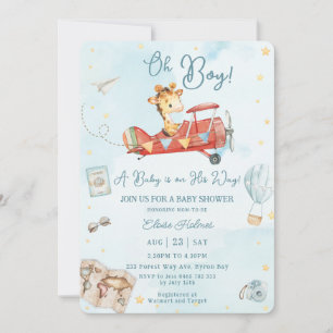 Cute Giraffe Plane Adventure Oh Boy Baby Shower Invitation