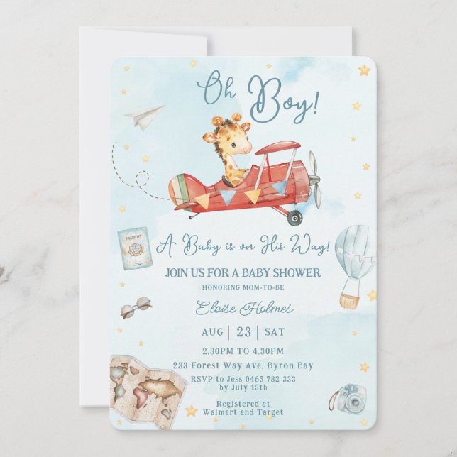 Cute Giraffe Plane Adventure Oh Boy Baby Shower Invitation (Front)
