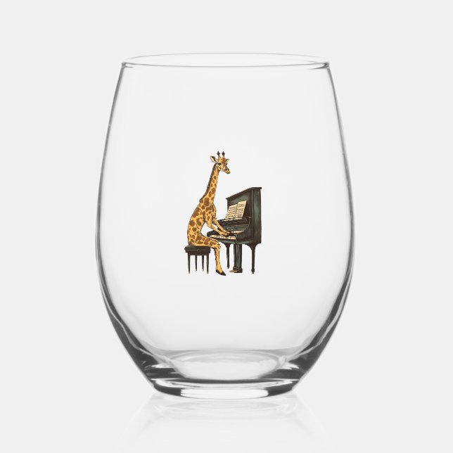 Cute Giraffe Playing Piano Giraffes Musician Music Stemless Wine Glass (Front)