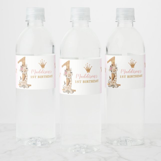 Cute Giraffe Princess 1st Birthday Water Bottle Label (Bottles)
