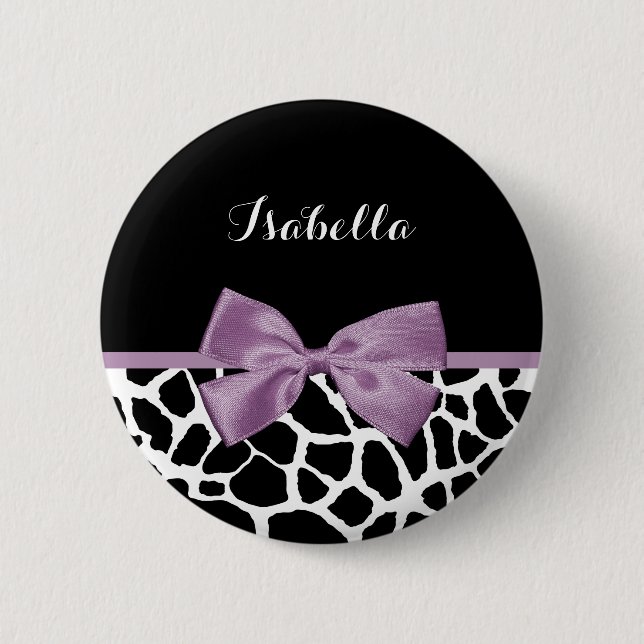 Cute Giraffe Print Lavender Purple Bow With Name 6 Cm Round Badge (Front)