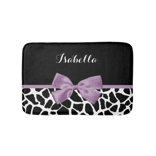 Cute Giraffe Print Lavender Purple Bow With Name Bath Mat (Front)