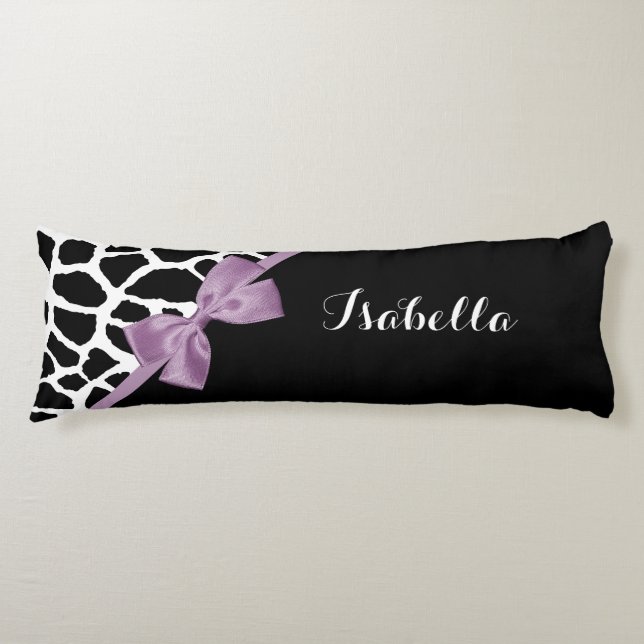 Cute Giraffe Print Lavender Purple Bow With Name Body Cushion (Front)