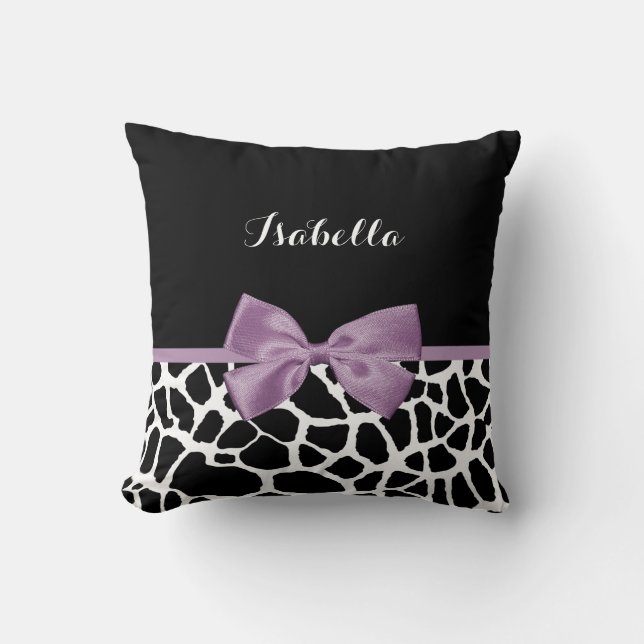 Cute Giraffe Print Lavender Purple Bow With Name Cushion (Front)
