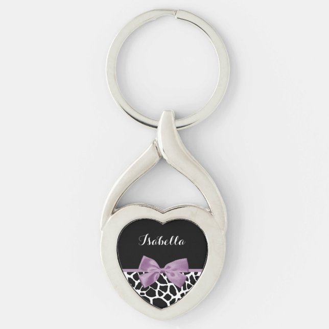 Cute Giraffe Print Lavender Purple Bow With Name Key Ring (Front)
