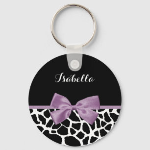 Cute Giraffe Print Lavender Purple Bow With Name Key Ring
