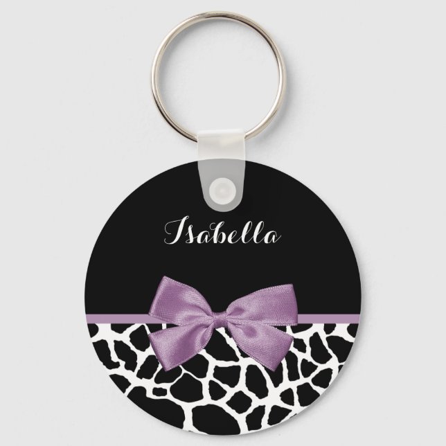 Cute Giraffe Print Lavender Purple Bow With Name Key Ring (Front)