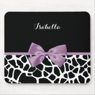 Cute Giraffe Print Lavender Purple Bow With Name Mouse Mat