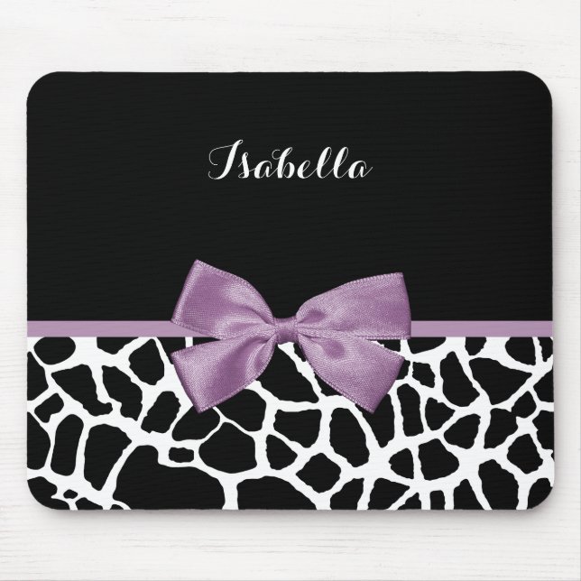 Cute Giraffe Print Lavender Purple Bow With Name Mouse Mat (Front)