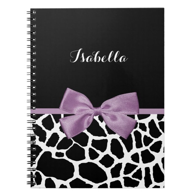 Cute Giraffe Print Lavender Purple Bow With Name Notebook (Front)