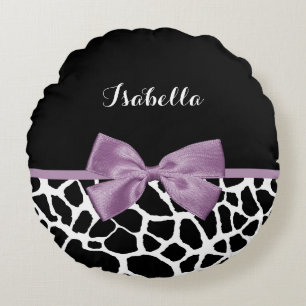 Cute Giraffe Print Lavender Purple Bow With Name Round Cushion