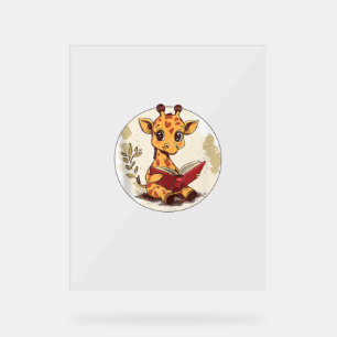 Cute Giraffe Reading Book With Leaves Illustration Acrylic Sign