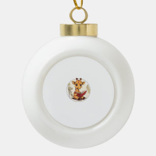 Cute Giraffe Reading Book With Leaves Illustration Ceramic Ball Christmas Ornament