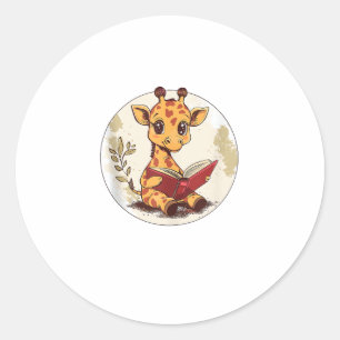 Cute Giraffe Reading Book With Leaves Illustration Classic Round Sticker