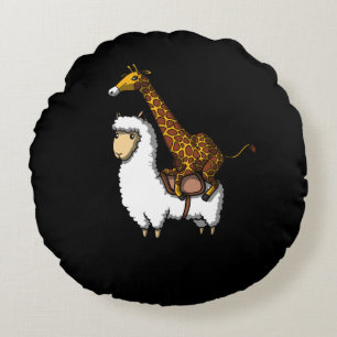 Cute Giraffe Riding Llama Alpaca Funny Animals Round Cushion