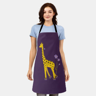 Cute Giraffe Roller Skating Purple Apron
