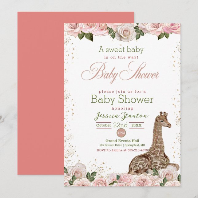 Cute Giraffe Rose Baby Shower Invitation (Front/Back)
