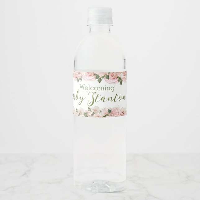 Cute Giraffe Rose Baby Shower Water bottle label (Front)