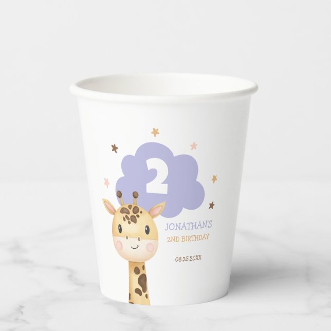 Cute Giraffe Safari Animal Kids Birthday Paper Cups (Front)