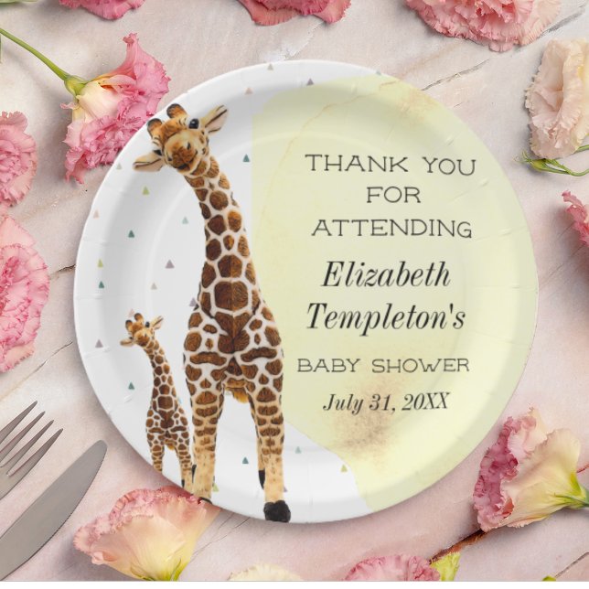 Cute Giraffe Safari Baby Shower Gender Neutral Pap Paper Plate (Creator Uploaded)