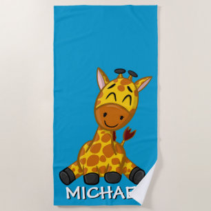 Cute Giraffe Safari Cartoon Jungle Name Blue Beach Towel