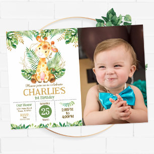 Cute Giraffe Safari Jungle Party 1st Birthday Invitation