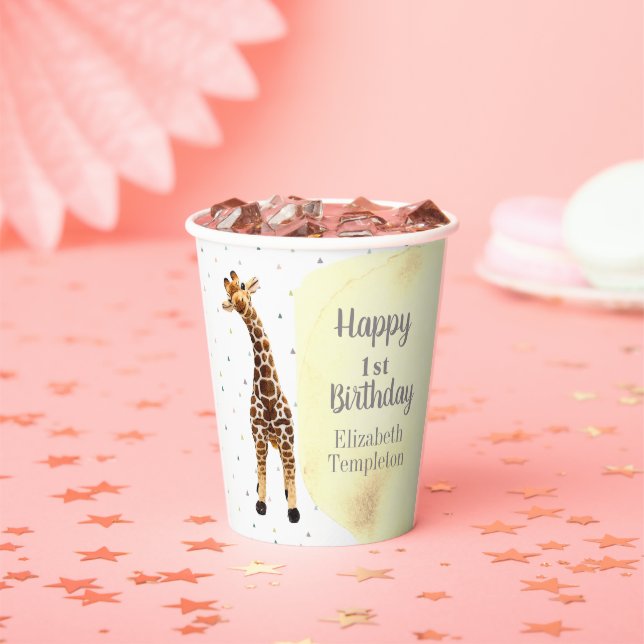 Cute Giraffe Safari Wild Yellow 1st Birthday Party Paper Cups (Insitu)