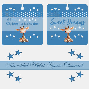 Cute giraffe shhh add name is sleeping blue metal tree decoration