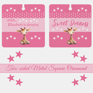 Cute giraffe shhh add name is sleeping pink metal tree decoration