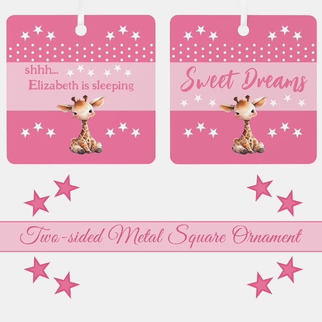 Cute giraffe shhh add name is sleeping pink metal tree decoration (Creator Uploaded)