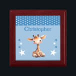 Cute giraffe stars add name blue keepsake gift box<br><div class="desc">Keepsake Gift Box for children.
Personalise with a name.
Featuring a cute giraffe,  polka dots and stars with the colours blue and white.</div>