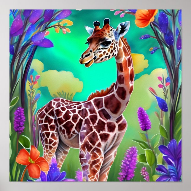 Cute Giraffe Surrounded by Flowers Poster (Front)
