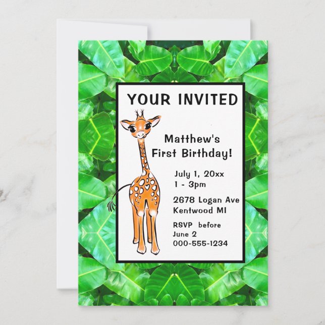 Cute Giraffe  tropical leaves safari friends Invitation (Front)